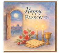 Happy Passover Card - Watercolour Seder Night Scene with Candles, Matzah, Kiddush Cup, Pomegranate Blossoms and Moonlit City - Jewish Pesach Greeting