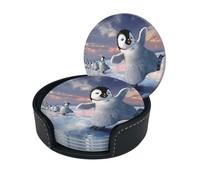 Happy Penguin Coasters Set Of 6 For Drinks With Holder, Classy And Simple Coasters For Coffee Table, Great Housewarming Gifts