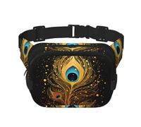 Happy Penguin Fanny Pack for Women Men Fashion Waist Pack Adjustable Belt Bag for Workout Running Travelling Casual Waist Bag, Peacock Feather Gold Design, One Size