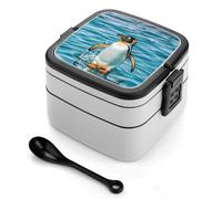 Happy Penguin in The Water Bento Box with Spoon & Handle - 2 Compartment Leak-Proof Stackable Lunch Box for Adults, BPA-Free Reusable Food Containers for Work, Travel, Picnic