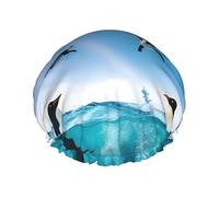 Happy Penguin In The Water Print Shower Cap Reusable Bath Cap Double Layer Bath Hair Caps, Keeps Hair Dry, Fits All Head
