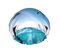 Happy Penguin In The Water Print Shower Cap Reusable Bath Cap Double Layer Bath Hair Caps, Keeps Hair Dry, Fits All Head