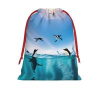 Happy Penguin In The Water Printing 11.8x15.8in Drawstring Gift Bag With Red Ribbon Closure For Halloween Xmas,For Adults Gifting