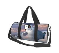 Happy Penguin Large Round Travel Duffle Bag, Full-Print Canvas Weekender with Padded Lining, Multiple Pockets,Detachable Shoulder Strap and Soft Leather Handles
