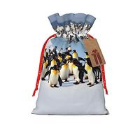 Happy Penguin Print Drawstring Christmas Gift Bag With Tags Reusable For Birthday Parties Gift Weddings Holiday