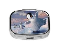 Happy Penguin Print Pill Box 2 Compartment Medicine Pill Case,Portable for Pocket Or Purse Pill Box Decorative Metal Medicine Organizer
