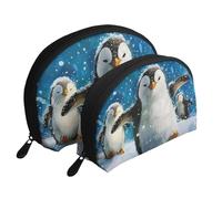 Happy Penguin Print Shell-Shaped 2-Piece Makeup Bag Set Travel Cosmetic Organiser Stylish Storage for Beauty & Gifts for Women Girls