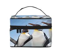 Happy Penguin -Print Waterproof Large Cosmetic Bag for Travel & Gym, Makeup Organizer with 4 Elastic Straps & Compartments,Premium Twill Fabric.