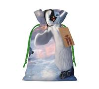 (Happy Penguin) Printed Christmas M Size Gift Bags with Green Ribbon Drawstring Candy Bags for Kids Xmas Holiday Christmas Eve Presents