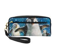 Happy Penguin Printed Leather Makeup Bags with Wrist Strap Portable Travel Toiletry Bag Cosmetic Organizer Bag for Women