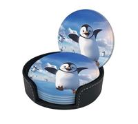 Happy Penguin The Circular Leather Coaster Comes In A 6-Piece Set With A Dedicated Storage Box For Easy Storage And Cleaning