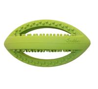 Happy Pet Grubber dog toy in rugby ball shape, jumping back for fetching and retrieving.