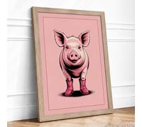 Happy Pig Cartoon Framed Wall Art Print A2 (59.4×42cm) Oak, Wall Decor for Living Room, Bedroom, Office & Home, Ready to Hang, Art Gift
