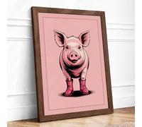 Happy Pig Cartoon Framed Wall Art Print A2 (59.4×42cm) Walnut, Wall Decor for Living Room, Bedroom, Office & Home, Ready to Hang, Art Gift