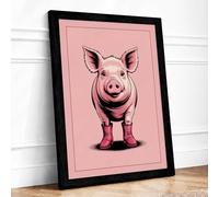 Happy Pig Cartoon Framed Wall Art Print A4 (29.7×21cm) Black, Wall Decor for Living Room, Bedroom, Office & Home, Ready to Hang, Art Gift