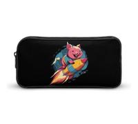 Happy Pig Lying on The Rocket Pen Holder Pouch Large Storage Pencil Case with Zippered Stationery Bag Office