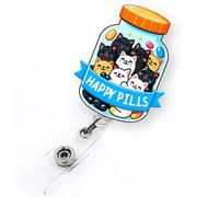 Happy Pills Cats Badge Reel Retractable for Pharmacy Technician, Pharmacist & Medical Worker | Funny Pharmacy Tech Gifts ID Name Badge Holder with Alligator Clip & 24” Durable Nylon Cord | Acrylic