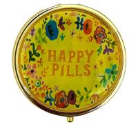 Happy Pills Pill Organizer Cute Metal Pill Case Travel Friendly Portable Compact Pill Box Pill Container to Hold Tylenol/Vitamins/Supplements/Meds/Tablet for Purse/Pocket(Round,Upgraded with Mirror)