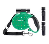 Happy & Polly Retractable Dog Leash - Heavy Duty 5M with Flashlight & Bungee - Magic Box Dispenser Poop Bags for Small/Medium Dogs (Green)