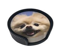 Happy Pomeranian Printed,Set of 6 Round Coasters, Pu Leather Drinks Coasters with Holder for Home Office Kitchen