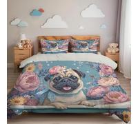 Happy Pug Print Duvet Cover Set Single, 2 Pcs Floral And Animal Patterns Bedding Set Soft Microfiber Easy Care Quilt Cover With 1 Pillow Cases For Teens Girls Kids Reversible Duvet Sets 135 X 200 Cm