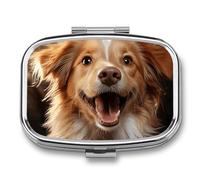 Happy Puppy Pill Box - 2 Compartment Travel Pill Organizer with Small Mirror, Portable Pillcase for Pocket & Purse, Cute Square Medicine Case, Weekly Medicine Container