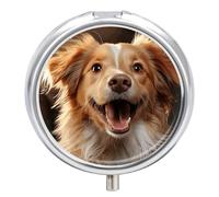Happy Puppy Pill Box - 3 Compartment Travel Pill Organizer with Small Mirror, Portable Pillcase for Pocket & Purse, Cute Round Medicine Case, Weekly Medicine Container