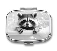 Happy Raccoon in A Bathtub Pill Box 2 Compartment Portable Medicine Pill Case Travel Pill Organizer for Pocket Purse