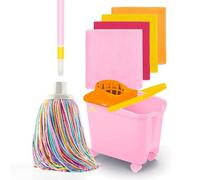 Happy Rainbow Mop with Folding Stick, Bucket with Wheels and 4 Recycled Microfiber Cloths Sustainable Cleaning Set for Home Floors and All Types of Surfaces