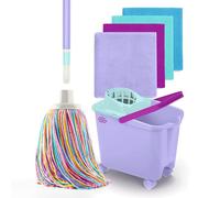 Happy Rainbow Mop with Folding Stick, Bucket with Wheels and 4 Recycled Microfiber Cloths Sustainable Cleaning Set for Home Floors and All Types of Surfaces