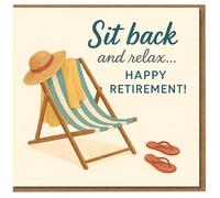 Happy Retirement Card - Sit Back and Relax Deckchair Design - Beach Chair, Hat and Flip-Flops - For Colleague, Friend or Family - Celebration Greeting Card