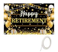 Happy Retirement Decorations Banner Black Gold 180x110cm/71 * 43in Polyester Backdrop with Double Sided Tape for Party