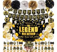 Happy Retirement Decorations Banner Kit - 51 Pcs Black Gold Balloons Banners Hanging Swirls Backdrop Cloth Paper Pompom Cake Toppers For Men Women Office Home Retirement Party Decoration