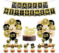 Happy Retirement Decorations Black Gold Banner Balloons Gold Glitter Cake Topper for Men Women Retirement Office Farewell Anniversary Party Supplies