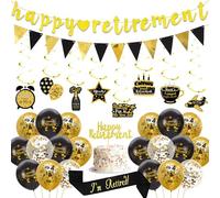 Happy Retirement Decorations for Women Men - Black Gold Retired Banner Balloons Sash Cake Topper Swirl Hangings, I'm Retired Sash for Office Farewell Party Decor