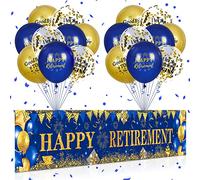 Happy Retirement Decorations - Large Navy Blue Gold Banner Yard Sign with 18 Pcs Balloons for Men Women Party Photo Booth Office Farewell Supplies