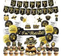 Happy Retirement Party Decoration Banner - 69Pcs Black Gold Balloon Hanging Swirl Decorations Kit for Men Women, I am Retired Sash Cake Toppers for Retirement Party Supplies