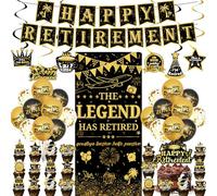 Happy Retirement Party Decorations Set - 54 Pcs Black Gold Retirement Decoration Includes Banner, The Legend Has Retired Backdrop and Latex Balloons for Men Retire Theme Party Supplies