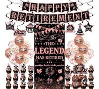 Happy Retirement Party Decorations Set - 54 Pcs Black Rose Gold Retirement Decoration Includes Banner, The Legend Has Retired Backdrop and Latex Balloons for Women Retire Theme Party Supplies