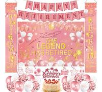 Happy Retirement Party Decorations Supplies - 34 Pcs Pink Gold The Legend Has Retired Banners Door Banner Hanging Swirls Balloon Cake Topper for Her Women Retire Theme Party Set