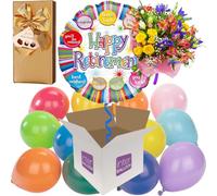 Happy Retirement Speech Bubbles Helium Inflated Balloon with 12 Mini Colourful Air-Filled Balloons, Hamlet Chocolates and Large Fresh Flower Bouquet to Suit all delivered in a box