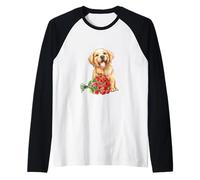 Happy Retriever Puppy with Red Roses Watercolor Art Raglan Baseball Tee