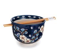 Happy Sales HSRB-DSYFLR, Multi Purpose 5"D Ramen Udon Soba Pho Noodle Donburi Rice Tayo Bowl with Chopsticks, Blue Cherry Blossom