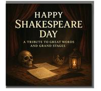 Happy Shakespeare Day Card - Dramatic Stage Design with Skull, Crown, Candle and Quill, Tribute to Great Words and Grand Stages - For Literature and Theatre Lovers
