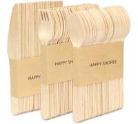 HAPPY SHOPEE® 150 PCS Disposable Cutlery | Premium Quality 50 Spoon,50 Forks,50 Knives for Outdoor, Party & More- Wooden Cutlery Birchwood