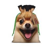 Happy short-haired pomeranian Christmas Drawstring Gift Bags with Tags, Xmas Gift Bags with Green Christmas Ribbon, Reusable Gift Wrapping Bag Fabric Goody Gift Sacks for Party Presents Decorations