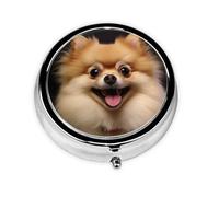 Happy Short-haired Pomeranian Pill Box Metal Round Small Pill Case Cute 3 Compartment Pill Organizer Portable Travel Pillbox Mini Pill Container Holder for Daily Medicine Supplement Vitamin