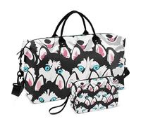 Happy Siberian Husky Dog Duffle Travel Bag & Makeup Pouches Set of 2, Cartoon Womens Luggage Set Tote Weekend Bags Duffel