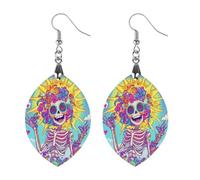 Happy Skeleton Sunshine Wooden Earrings Artistic Wood Pendants Vintage Earring Hooks Jewelry for Women Apricot Shaped