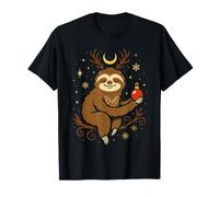 Happy Sleeping Christmas Sloth with Reindeer Antlers Moon T-Shirt